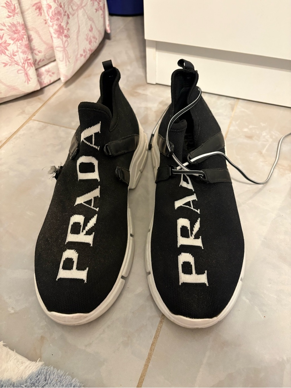Prada Black and White Knit Logo Slip-On Sneakers